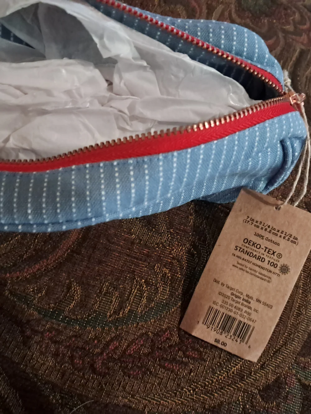 Levi's Light Blue Striped Cosmetic Pouch with Red Trim